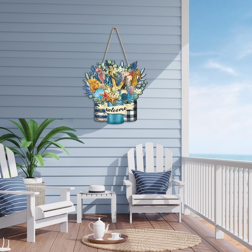 Welcome Summer Sign Ocean Beach Wooden Hanging Wreath Decor Ornament Wood Far... - Picture 4 of 7