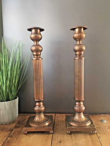 LARGE PAIR OF VINTAGE REGENCY COLUMN STYLE METAL TONE CANDLE HOLDER CANDLESTICKS - Picture 8 of 16