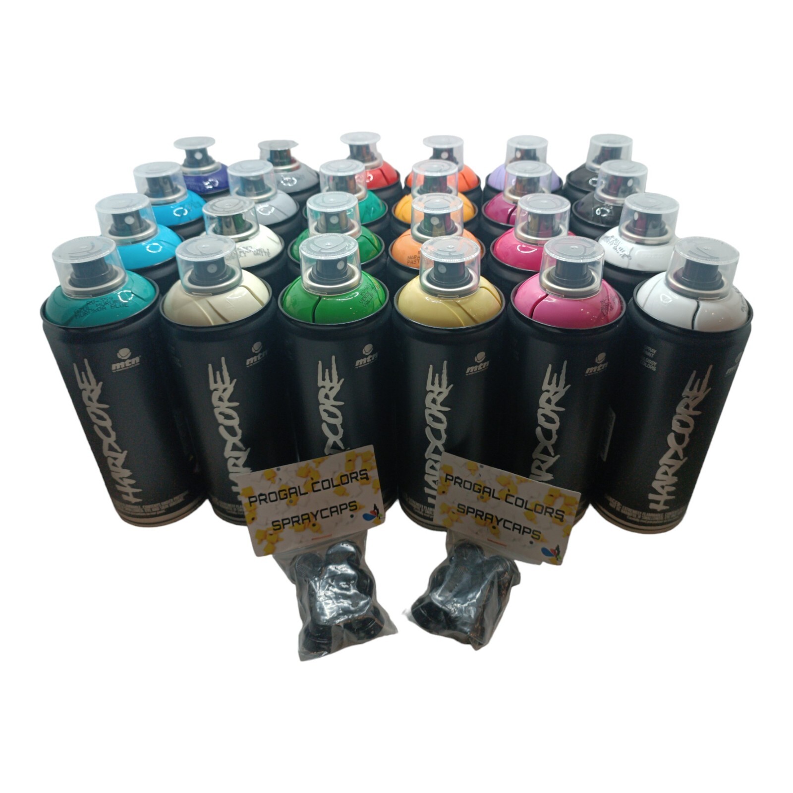 Pack Hardcore brillo Montana Colors Mtn 24 x 400ml + 12 boquillas de repuesto