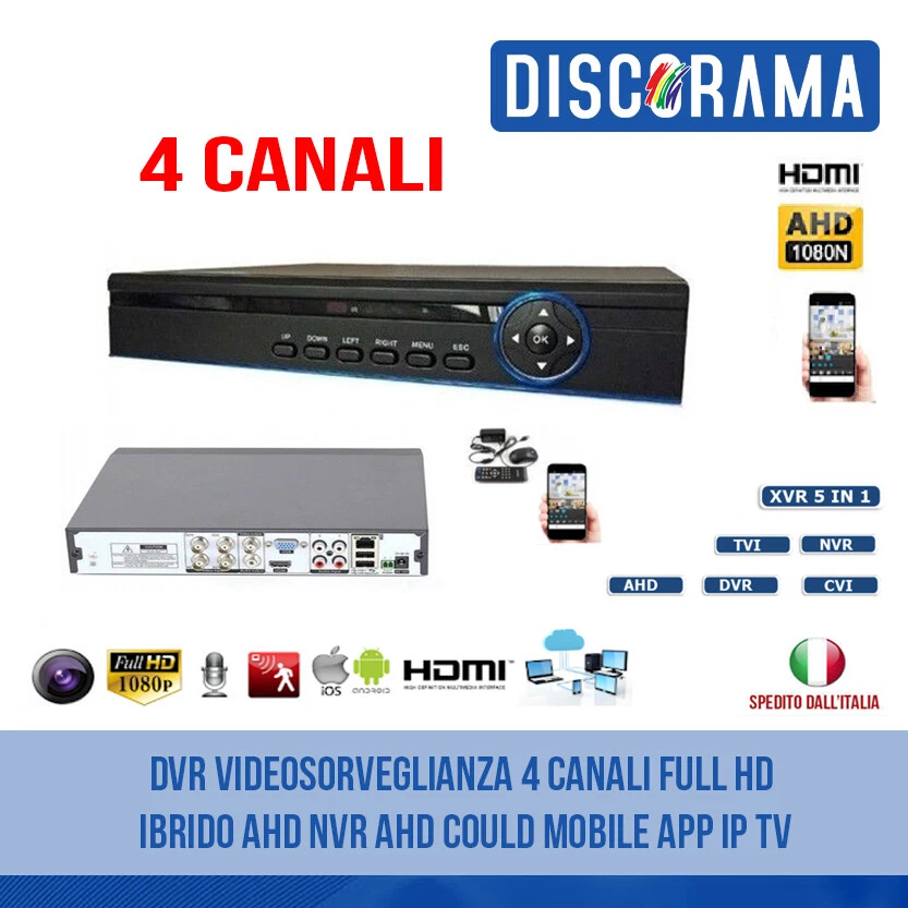 DVR VIDEOSORVEGLIANZA 4 CANALI FULL HD IBRIDO AHD NVR AHD COULD MOBILE APP IP TV - Immagine 1 di 1