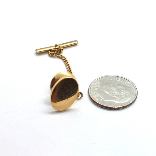 Gold Oval Tie Tack Lapel Pin Fashion With Chain Polished Finish Plain Surface - Picture 2 of 3