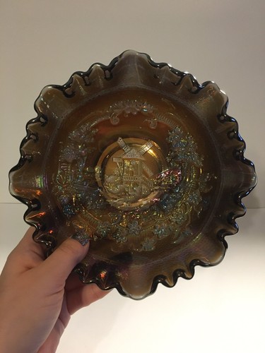 Vintage Imperial Glass Carnival Glass Smoky Amethyst Windmill Bowl 8" - Picture 7 of 11