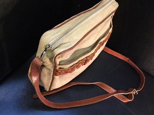 Vintage Cristian Braided Leather Shoulder Bag Canvas Brown Tan Boho Chic Italy - Foto 2 di 9
