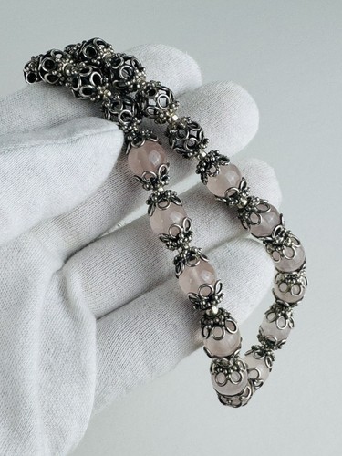 Girocollo Tibetano Collana In Argento E Sfere Quarzo Rosa Gioiello Tibet XX Sec. - Foto 9 di 12