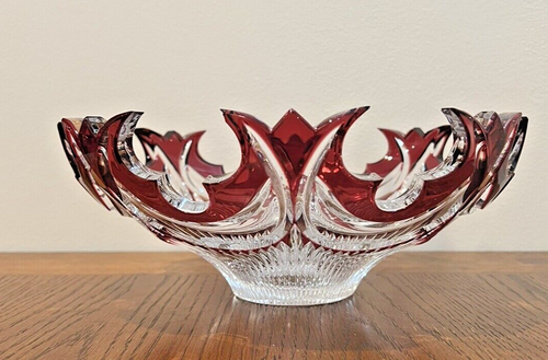 Cristalica Diadem King Clear and Cranberry Trim Elaborate Rim Crystal Bowl - Picture 6 of 16