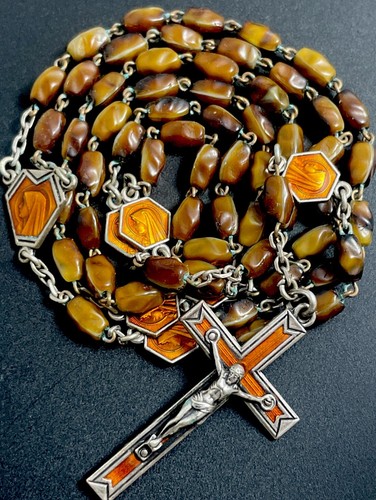 Vintage Polished Jasper Stone Rosary, Orange Enamel Lourdes Pater Beads, France - Picture 4 of 7