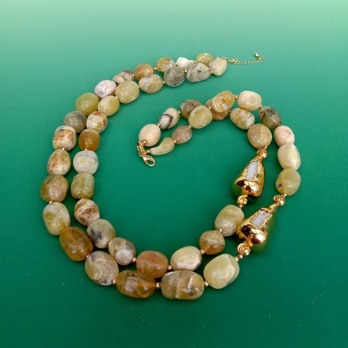 20" 2 Strands Yellow Opal White Biwa Pearl Gold Plated Necklace For Women - Picture 5 of 5