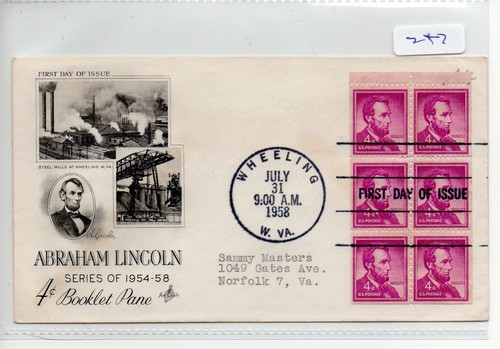 United States - First Day/Souvenir Cover - (247) 1958 - Lincoln - 4c pane of 6