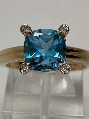 10K Gelbgold Kissenschliff Blautopas und Diamant Krappenring Größe 7 Neu - Bild 1 von 12