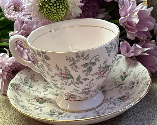 Tuscan Fine English Bone China England Cup & Saucer 9296H Gray, Pink & Gold - Picture 3 of 16