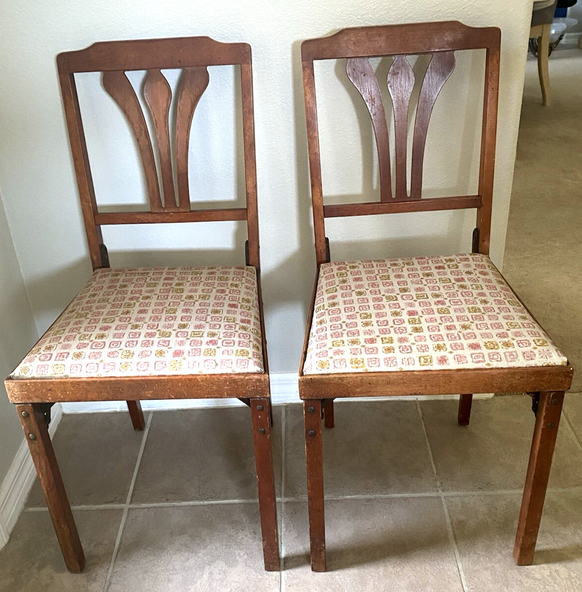 2 MCM Retro Leg O Matic Wood Folding Chairs Vinyl Seat Camper RV Airstream