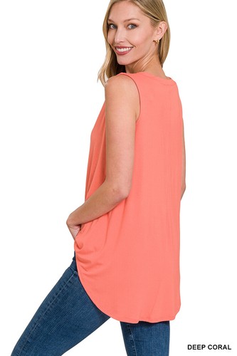 Luxe Rayon V-Neck Sleeveless Rayon Top Hi-Low Dolphin Hem Long Tank Tunic - Picture 37 of 99