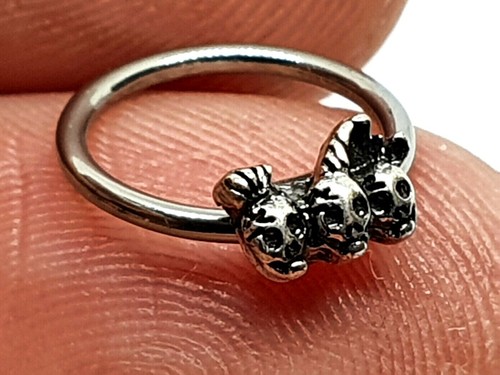 Anello teschio triplo 10 mm acciaio setto curvo 16 g (1,2 mm) orecchino corpo... - Foto 4 di 14