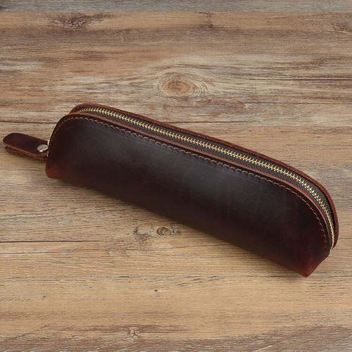 Vintage Pencil Pouch Pen Holder Handmade Genuine Cow Leather Pen Case Bag Zipper - Picture 2 of 10