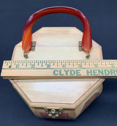 Vintage gefütterte Achteck Decoupage Holz Box Handtasche Lucite gedrehter Griff - Bild 10 von 12