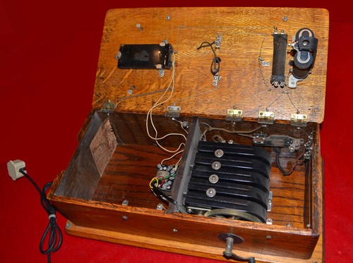 Antique HAND CRANK Wooden Oak Wall TELEPHONE Cracraft Leich, 4 PRONG Phone PLUG - Picture 4 of 17