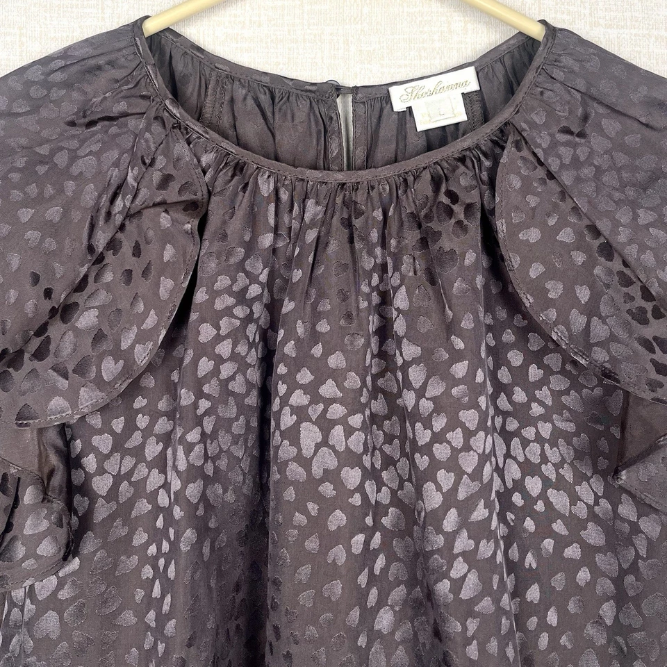 Shoshanna Large Silk Brown Satin Animal Heart Print Ruffled Blouse Top - Image 3 of 4