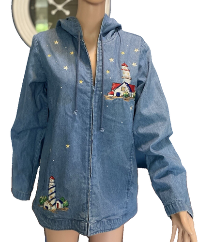 Quacker Factory Hooded Denim Jacket size Med Lighthouse Coastal Patriotic Zipper - Picture 2 of 15