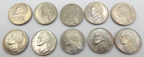 VINTAGE SET OF 10 JEFFERSON NICKELS, 1996 - 2002 (DENVER & PHILADELPHIA MINTS) - Picture 1 of 12