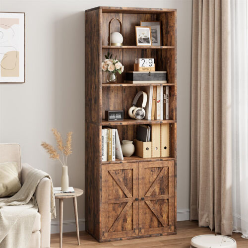 Tall Bookshelf Farmhouse Bookcase with Doors Display Storage Shelves Wooden NEW - Picture 2 of 9