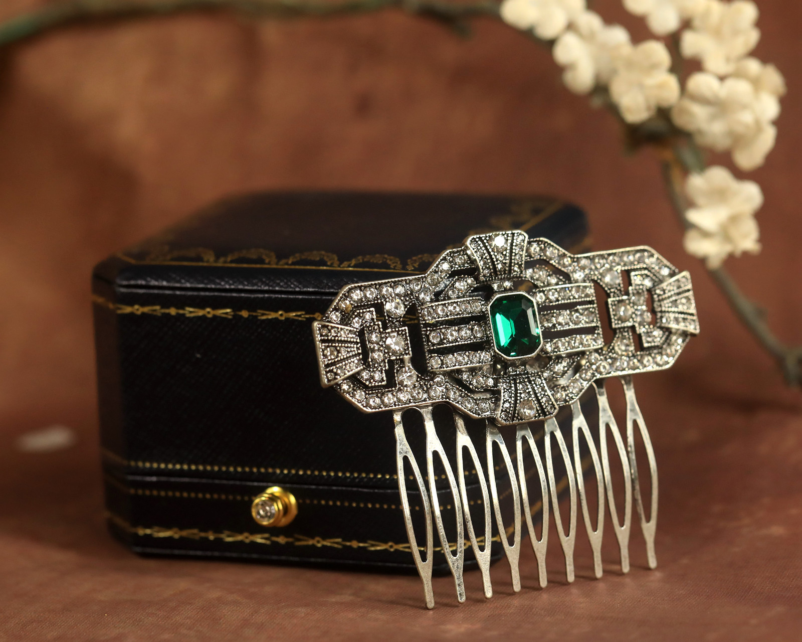 Peigne à cheveux art déco antiglisse pour chignon mariage strass vert vintage