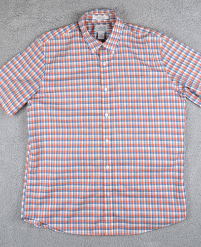 LL Bean Hemd Herren Large blau orange weiß Gingham Freizeit knitterarm
