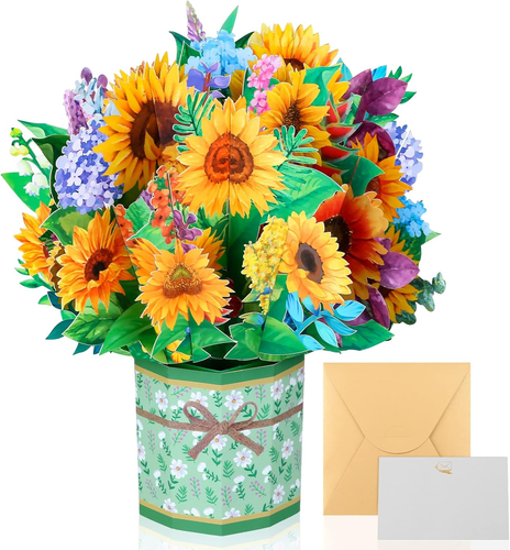 Get Well Soon Pop up Cards, 3D Paper Flowers Bouquet Greeting Cards Sunflower Bi