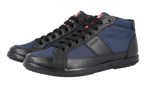 PRADA HIGH-TOP SNEAKERS SHOES 4T2878 NAVY BLUE BLACK LEATHER US 9.5 EU 42,5 43