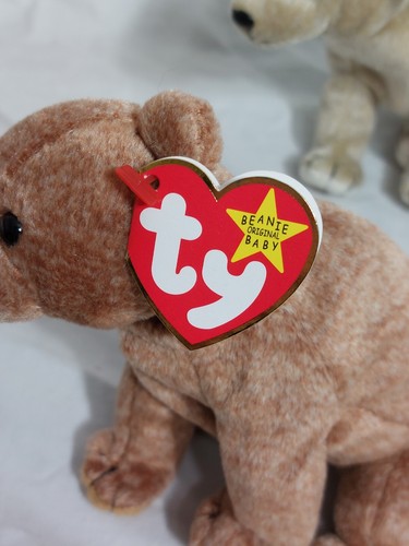 Lot of 2 Vintage Ty Beanie Babies Realistic Bears Pair Brown Beige Almond Pecan - Picture 5 of 12