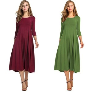 Ladies 3 4 Sleeve Casual Loose Midi Dress Spring Autumn Crew Neck Plain Dresses Ebay