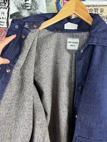 Abrigo de trabajo forrado con plantilla de mezclilla índigo vintage años 70 productos químicos Stauffer ropa de trabajo XL - Imagen 15 de 16