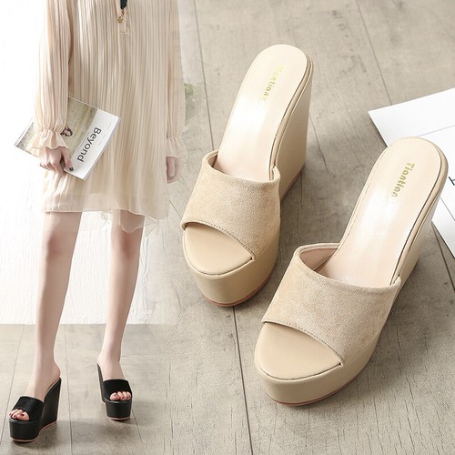 Womens Slippers Wedge High Heels Mules Peep Toe Sandals Platform Sequins Shoes N - Picture 8 of 20