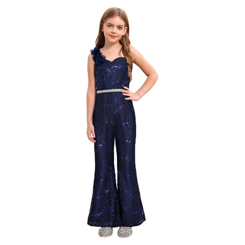 Girls One Shoulder Jumpsuit Sequin Sleeveless Flare Leg Long Romper High Waist - Picture 6 of 74