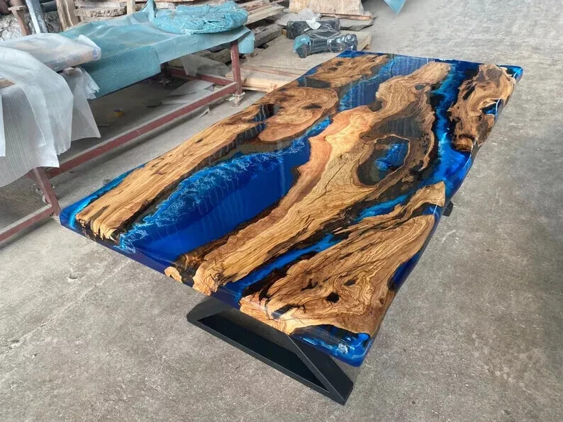 Blue Wavy Epoxy Table | Natural Wood Epoxy Resin table | River Resin Table tops-image