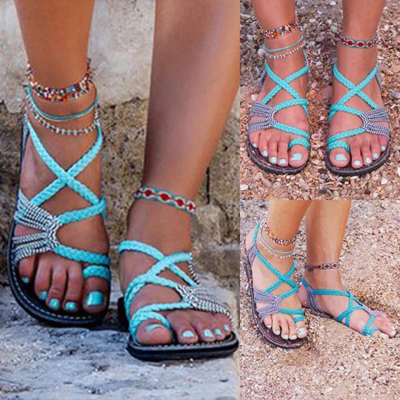Summer Womens Bohemian Flat Flip Flops Sandals Bandages Beach Shoes US 4.5 11