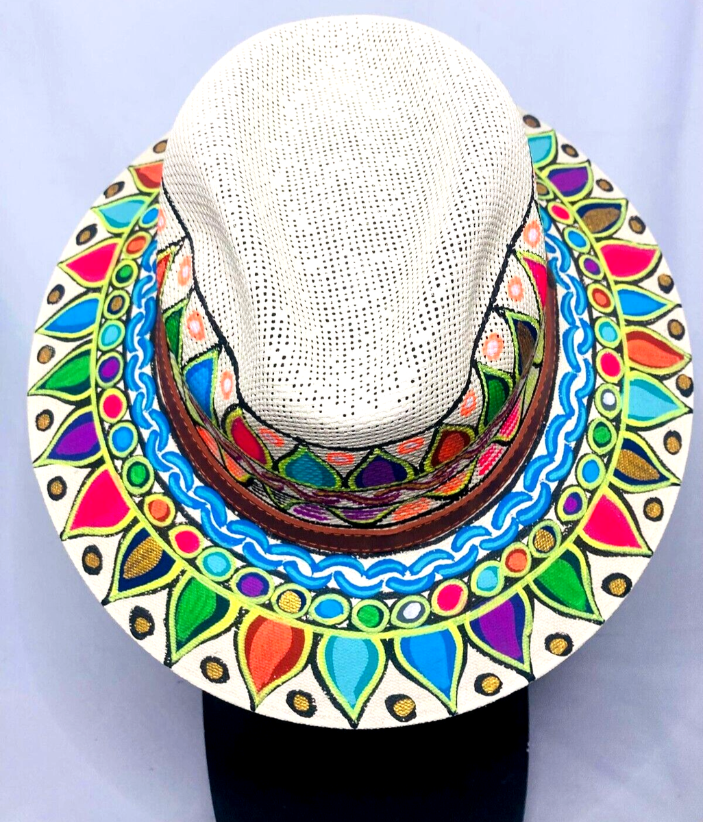 Hand Painted Fedora Palm Straw Hat Fine Brim Adjustable