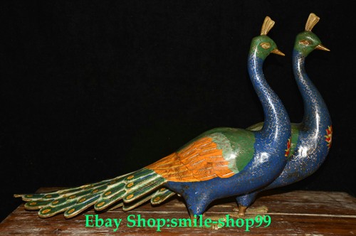 22" Purple Bronze Cloisonne Enamel Fengshui Peacock Bird Animal Statue Pair - Picture 7 of 9