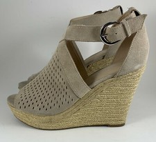 Marc Fisher Haldya Wedge Heel Platform Espadrille Sandals Tan Suede Size 10 M
