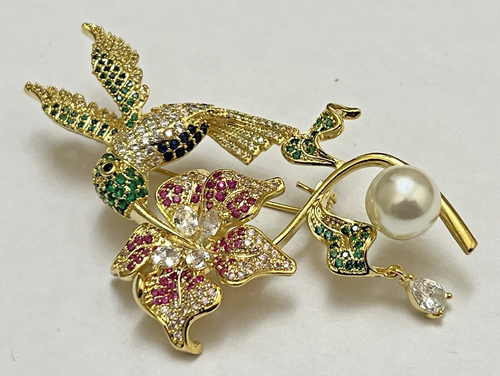 Crystal Rhinestone Hummingbird Brooch Pin Vintage Flower Bird Glass Pink Green - Picture 6 of 11