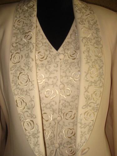 Albert Nipon Evening 3 pcs cream embroidered lined jacket vest, long skirt set 6 - Picture 4 of 24