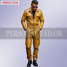 Men's Genuine Real Leather Mustard Catsuit Front Zipper Overall Pockets Jumpsuit