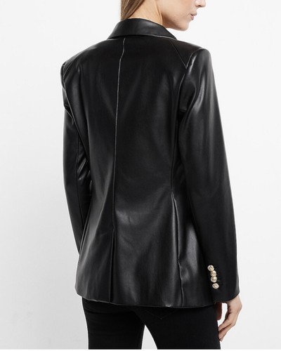 EXPRESS BLACK FAUX LEATHER Gold Novelty Button Double Breasted BLAZER JACKET XS - Picture 2 of 9