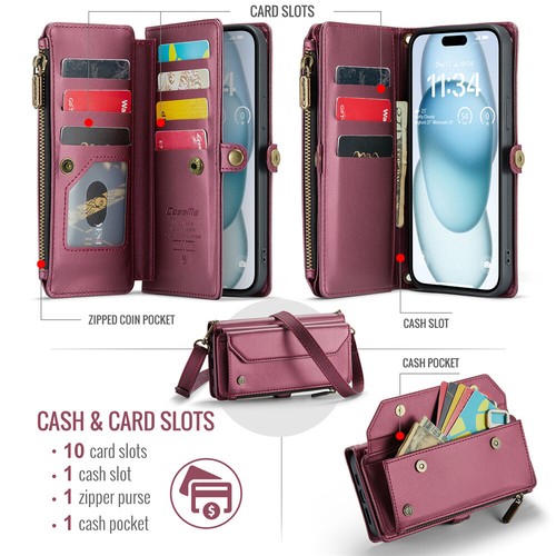 Lanyard Zip Leather Wallet Case Cover For iPhone 16e 15 14 Plus 13 12 11 Pro Max - Picture 5 of 71