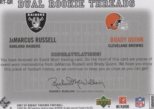 2007 SP Rookie Threads Brady Quinn JaMarcus Russell #DRT-QR