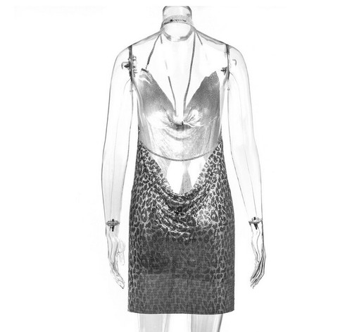 Hot Metal Chain Halter Women Backless Mini Dress High Slit Night Dress Party - Picture 15 of 25