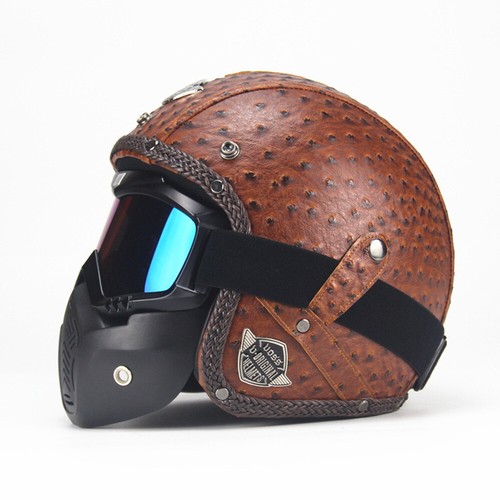 Casco de motocicleta DOT cara abierta scooter crucero casco de cuero con máscara facial - Imagen 15 de 16