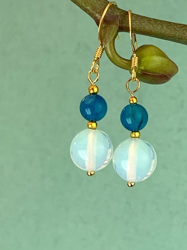 Handmade opalite and blue agate gold plated earrings, dainty gemstone earrings - Picture 5 of 10
