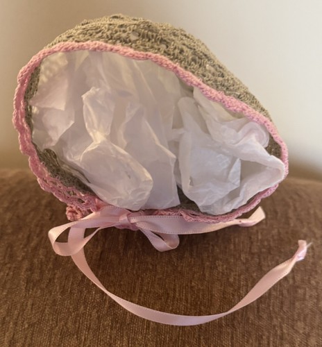 VTG/Antique Baby/ Large doll Crocheted Bonnet Tan/Beige/Pink Ribbons - Picture 6 of 6