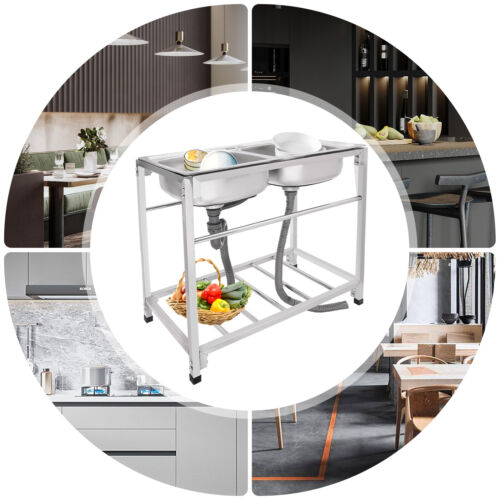 Commercial Stainless Steel Sink, Kitchen Freestanding Double Bowl Utility Sink - Picture 21 of 21