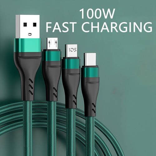 3 In 1 Fast Charger Cable 100W 1.2m Length For Iphone Samsung Apple Android - Zdjęcie 7 z 14
